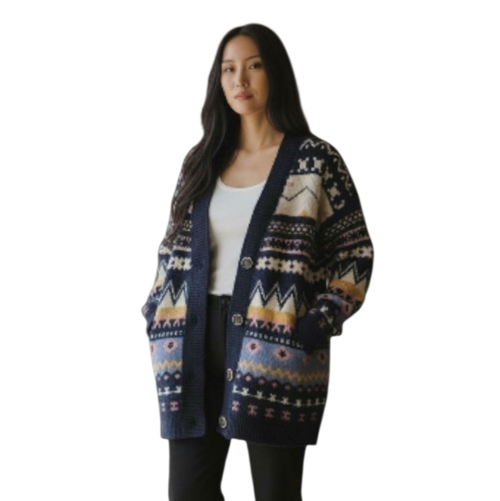 Vintage Wool Blend Oversized Fair Isle V Neck Front Cardigan. Navy Multi. Mediu